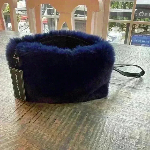Jane & Berry Fuzzy Pouch Blue Wristlet Black Strap NWT Zipper - Picture 1 of 9